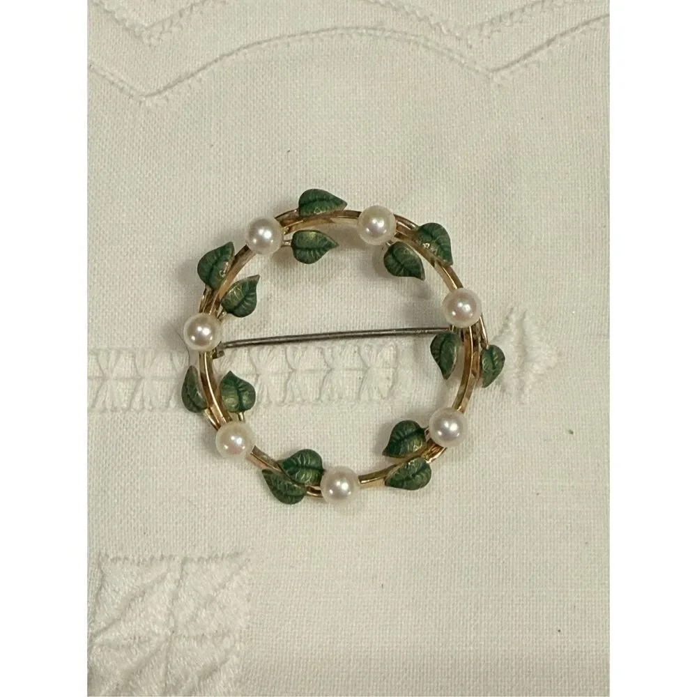 Vintage Krementz Wreath Pearl Green Leaf Gold Fill Brooch